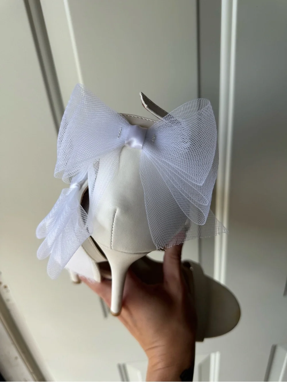 White Ankle-Strap Heels with Bridal Bow 7.5